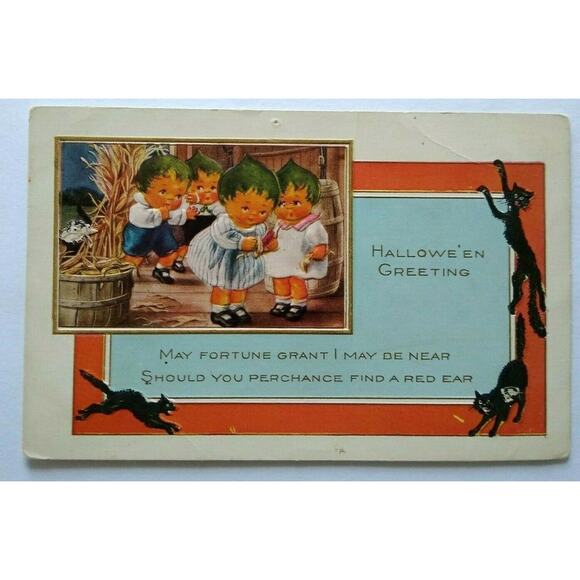 Halloween Postcard Whitney Pixies Green Hair Fantasy Children Black Cats Border - Picture 4 of 8